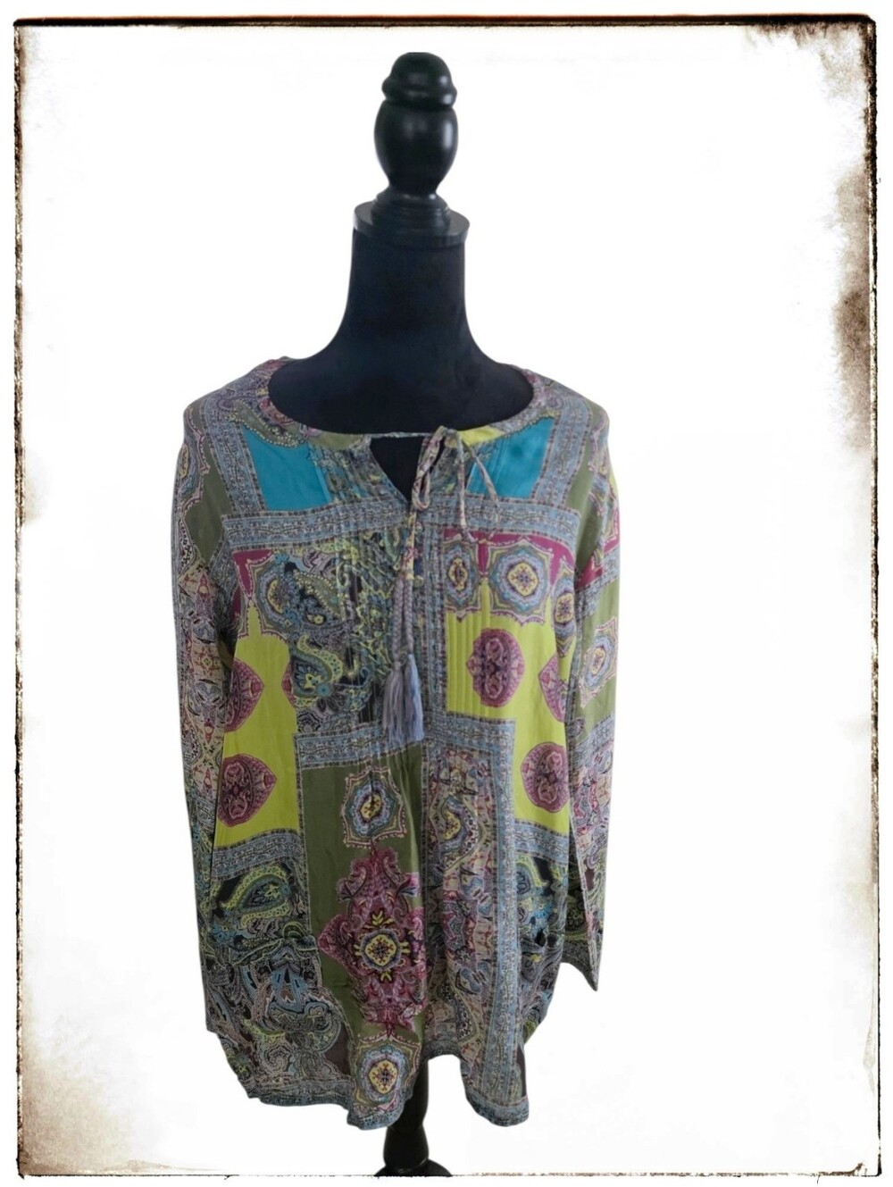 Johnny Was Silk Tunic With Pin Tuck & Tie Front, Colorful, Boho
